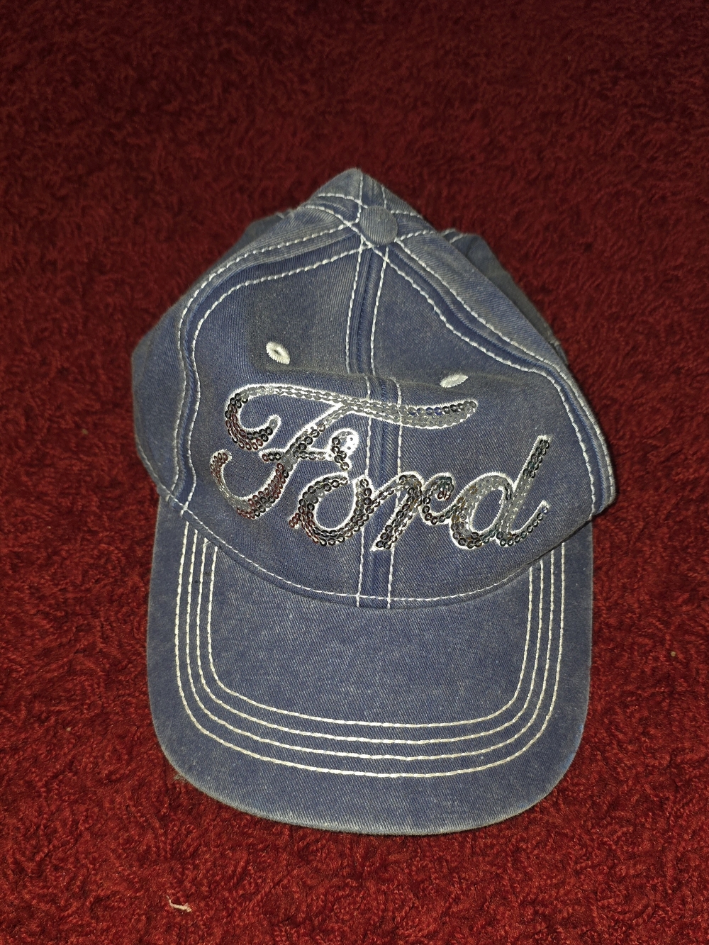 Vintage Ford Motors Silver Sequin Denim Baseball Cap Y2K Bling Dad Hat OSFM